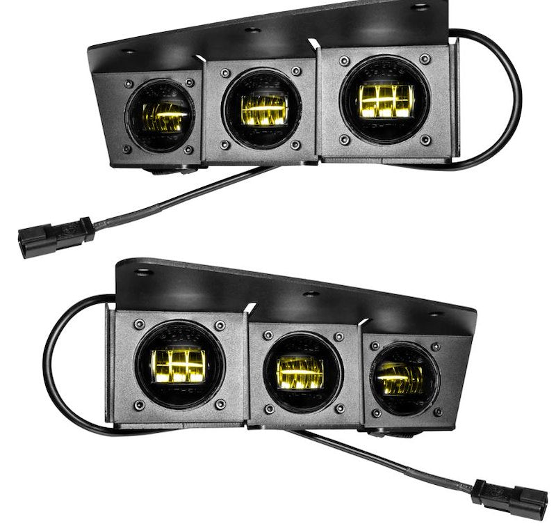 90W LED Fog Lights, Rectangular, 6000 Lumens, Yellow, Clear Lens, Includes 6 Lights, Relay Harness, OEM Switch, Y-Splitters, and Hardware