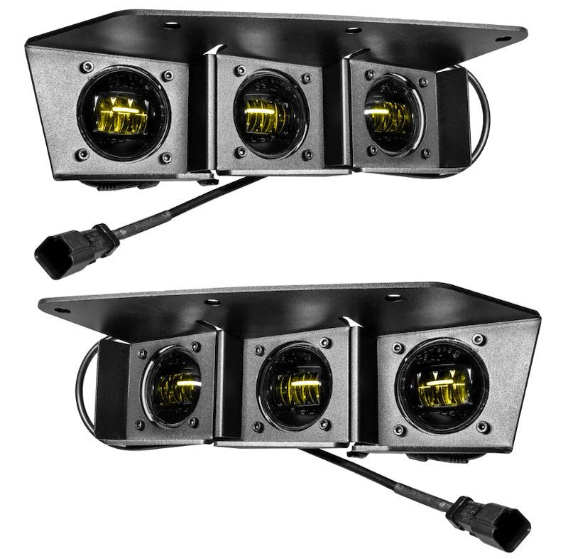 90W LED Fog Lights, Rectangular, 6000 Lumens, Yellow, Clear Lens, Includes 6 Lights, Relay Harness, OEM Switch, Y-Splitters, and Hardware