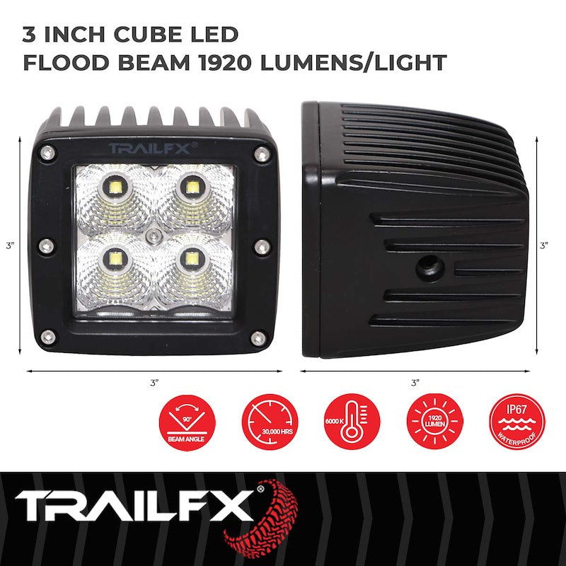 TFX 3" Cube LED Fog Light; 20W, 1920 Lumens; 90° Flood Beam; IP67 Rated; Set of 2.