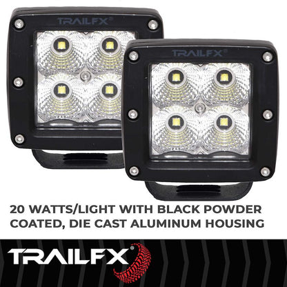 TFX 3" Cube LED Fog Light; 20W, 1920 Lumens; 90° Flood Beam; IP67 Rated; Set of 2.