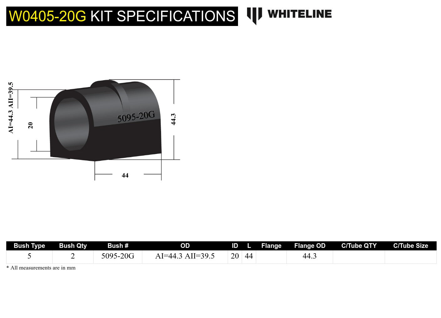 Whiteline Sway Bar Mount Bushing Kit 20mm