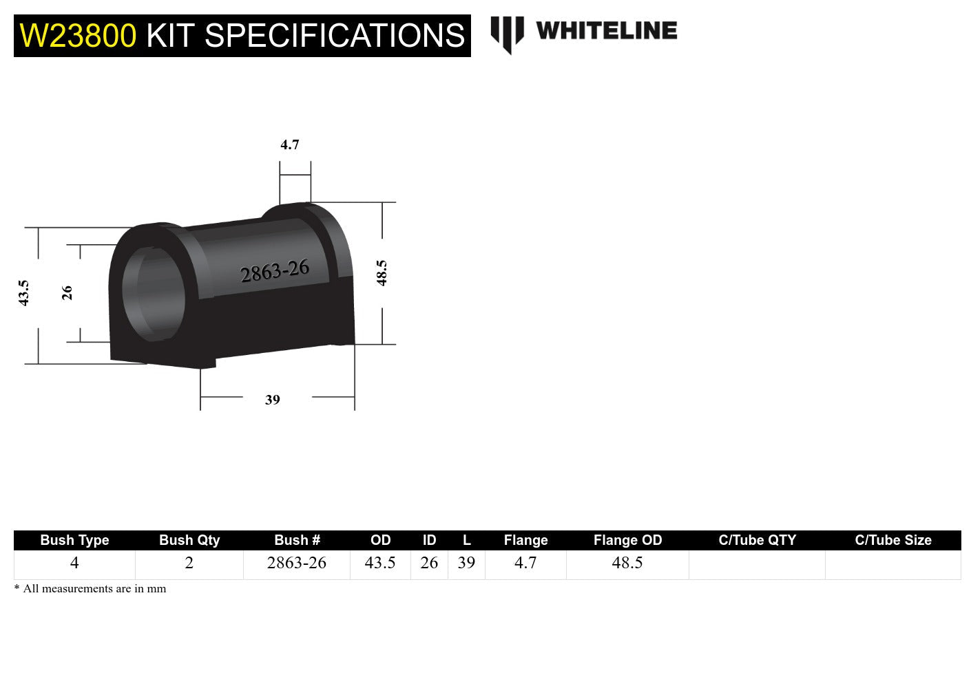 Whiteline Sway Bar Mount Bushing Kit 26mm