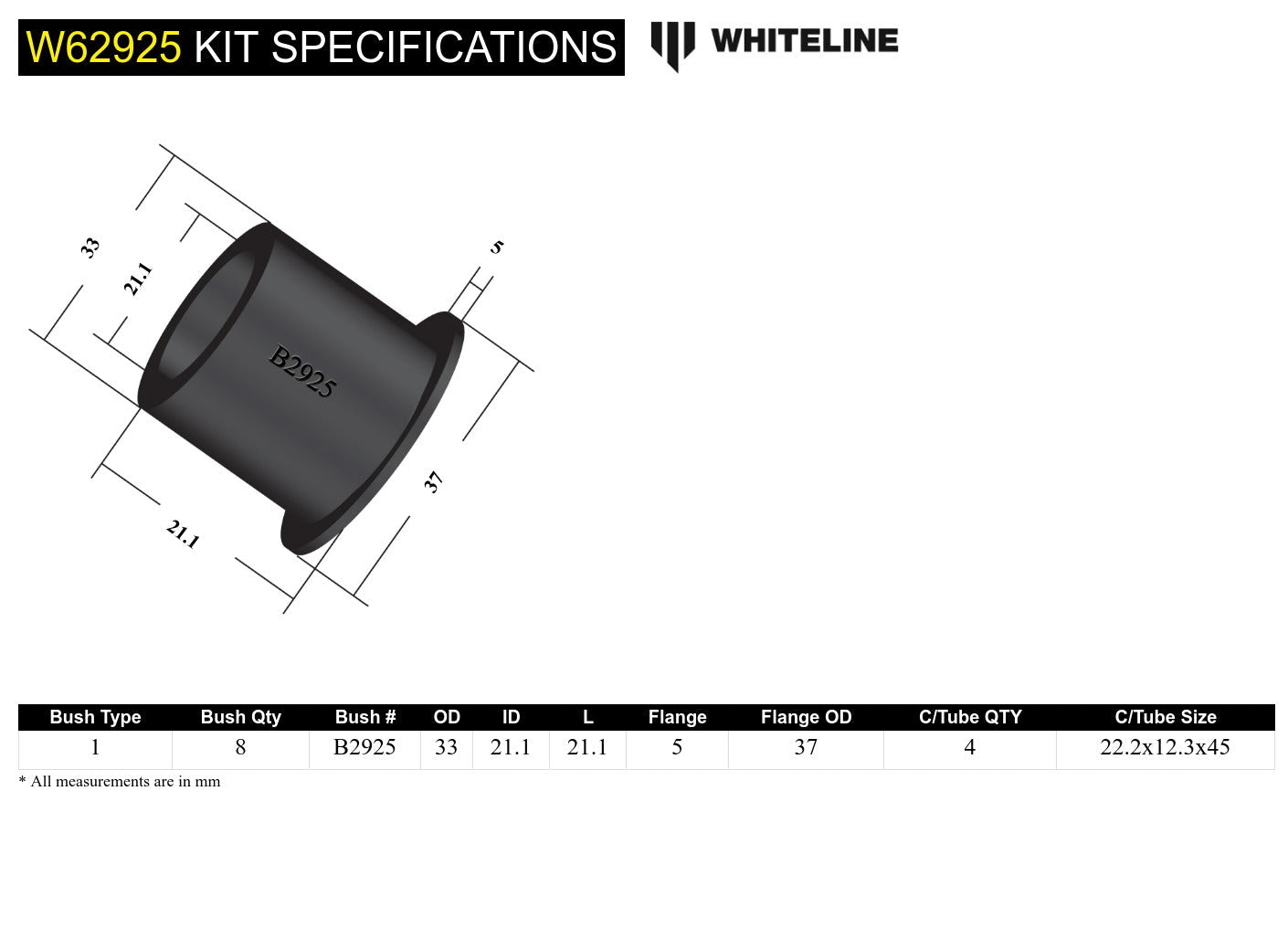 Whiteline Control Arm Lower Front Inner Bushing Kit